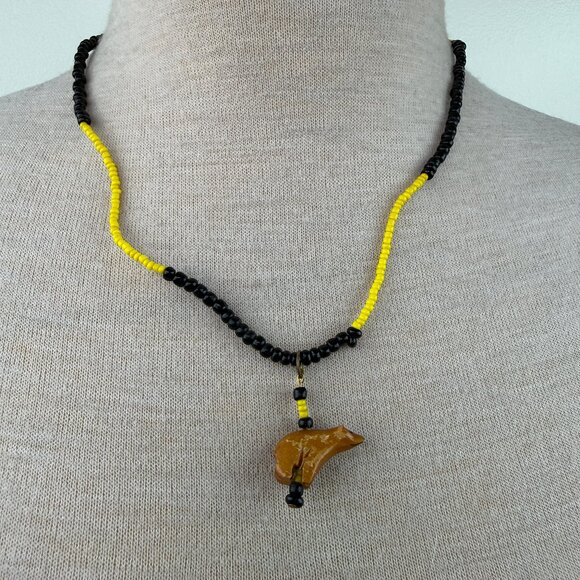 Jewelry - Wood Carved Bear Pendant Black & Yellow Seed Bead Necklace 21"